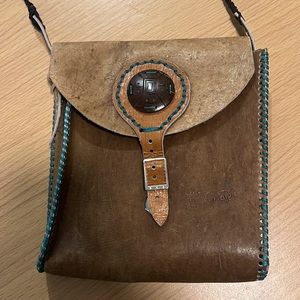 ✨SALE✨Handmade Leather Tribal Stitched Crossbody Bag Brown Turquoise Coconut
